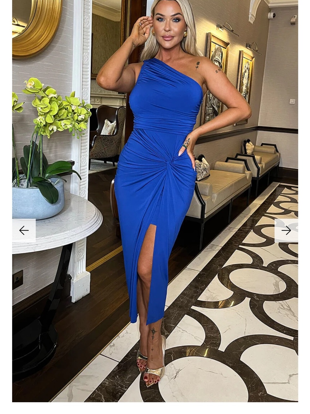 AX Paris One-Shoulder Cobalt Blue Ruched Midi Dress